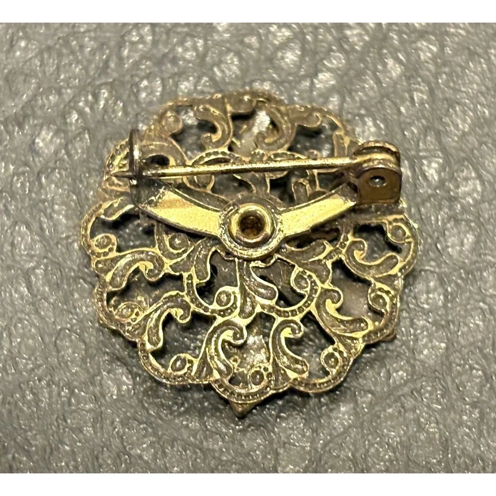 Vintage Victorian Black Enamel Gold Tone Faux Jelly Opal Flower Brooch Pin
